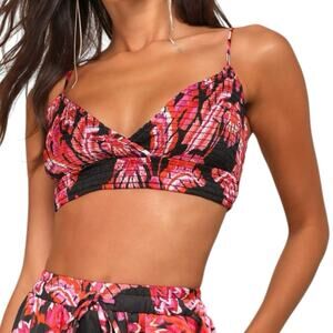 ACOA Collection Floral Smocked Crop Top Pink Orange Tropical Festival Women's XL